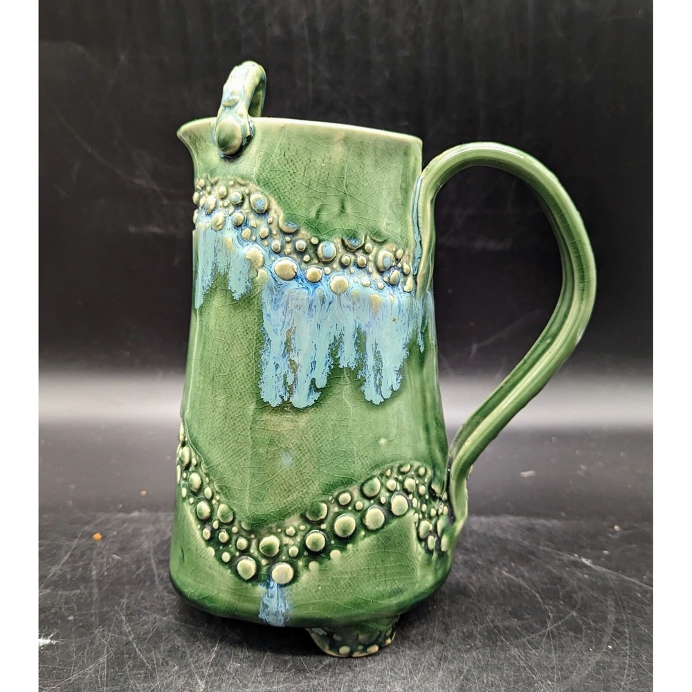 Vintage Studio Art Pottery Green Ceramic Pitcher 9" Signed Sue